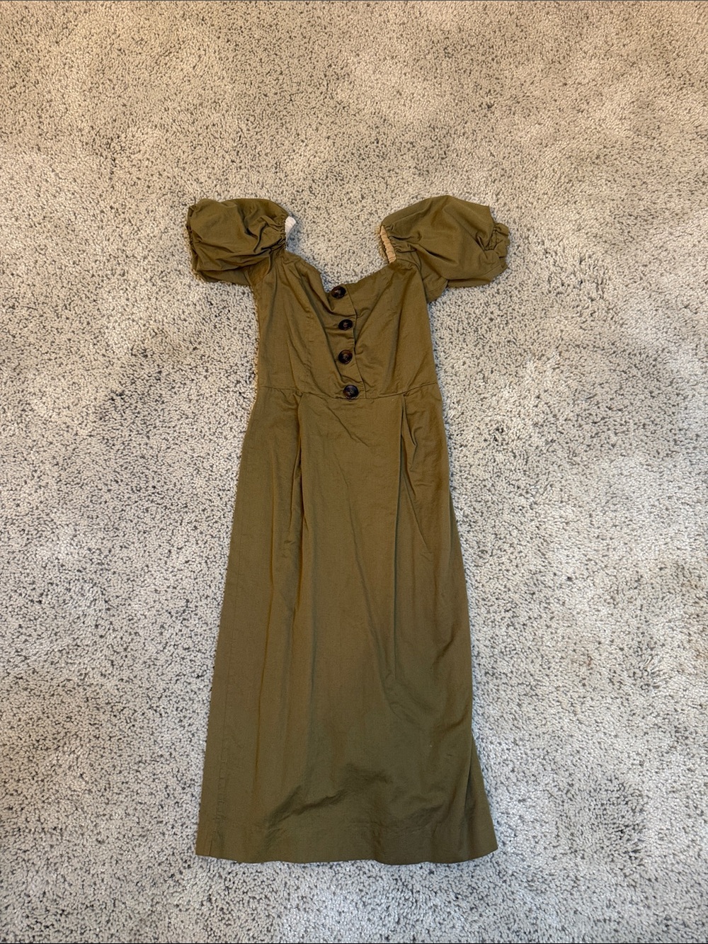 Zara Puff-Sleeve Olive Midi Dress with Button Front